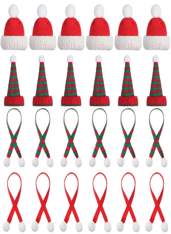 Bencailor 24 Pcs Mini Knit Santa Hats Tiny Christmas Scarf and Hats Set Mini Scarf for Crafts Small Christmas Tree Ornaments Decorations for DIY Craft Art Snowman Doll (Red Green) - Image 1